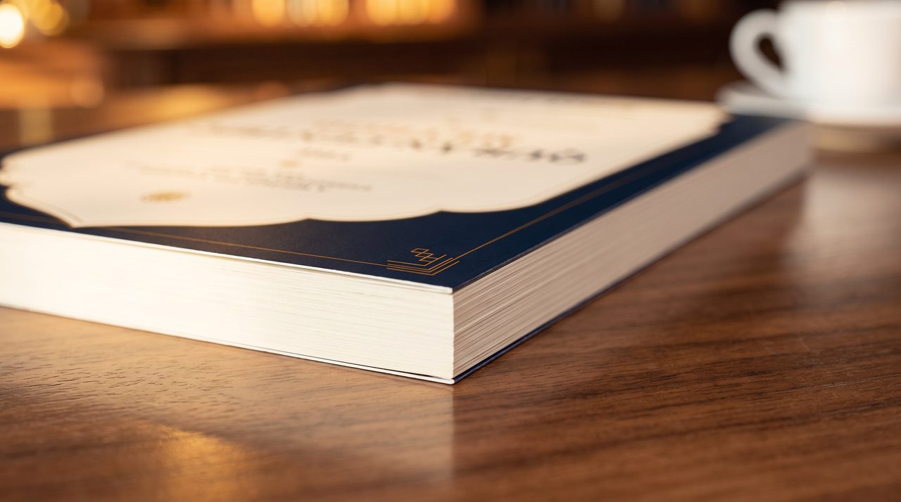 Close view of the paperback’s cover corner and page block resting on a walnut table