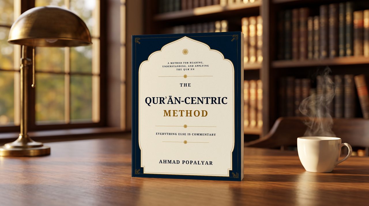 The Qur’an-Centric Method standing on a walnut desk beside a brass lamp and a cup of tea, in front of library shelves